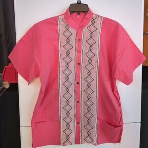 Men Handcrafted Mexico Guayabera Shirt Pink Short Sleeve White Embroidery, XL